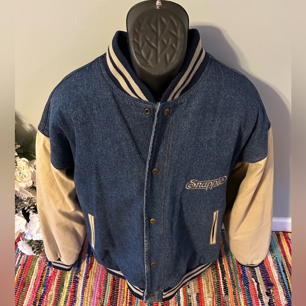 90s Snapple Denim Varsity Jacket Bomber Coat Button Front XL - Picture 4 of 7